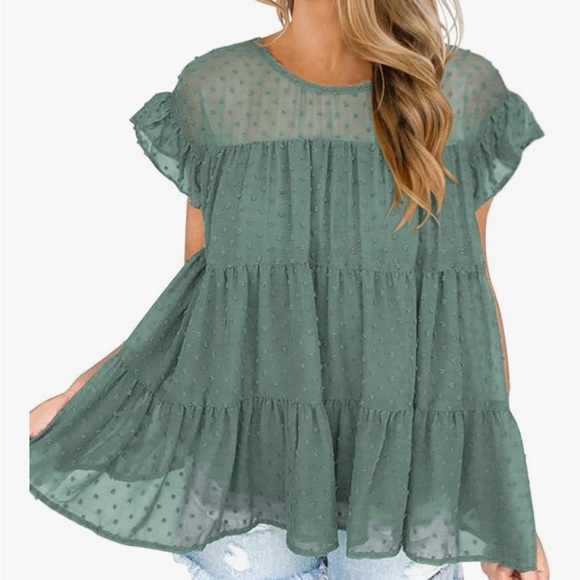 None Tops - Elegant Teal Ruffle Sleeve Blouse